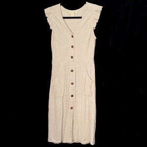 Monteau Buttoned Front V-Neckline Linen Blend Midi Dress